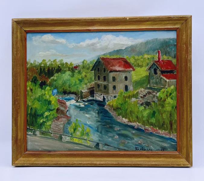Maleri "Elve" Olje på plate, signert 1945