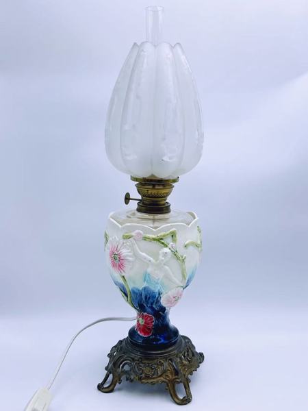 1800t Jugend Lampe i majolika og bronse