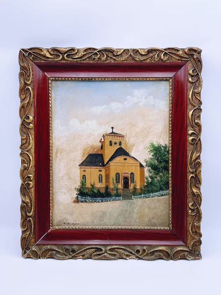 Maleri "Gull Kirke" med Jugend stil ramme