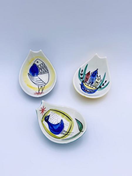 Inger Waage(1923-1995) Håndmalt "Fugl" og "Hus" skåler