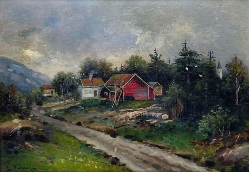 Maleri "Sommerdag på Gårdstunet". Olje på lerret