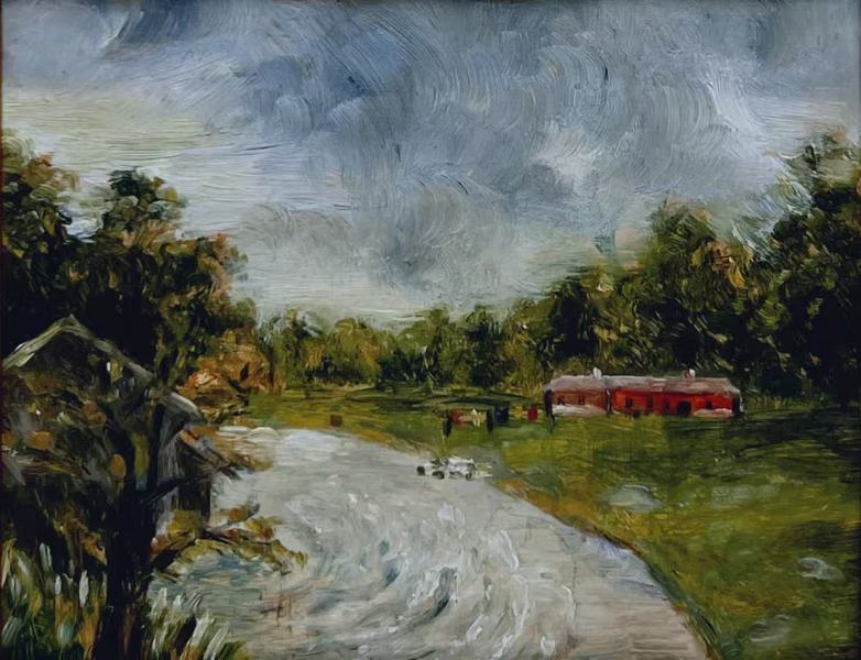 Maleri "Elvelandskap med Rødt Hus" Olje på plate