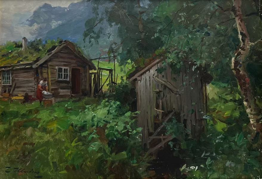 Even Ulving (1863-1952) "Sommerdag - Gårdstun med folkeliv"