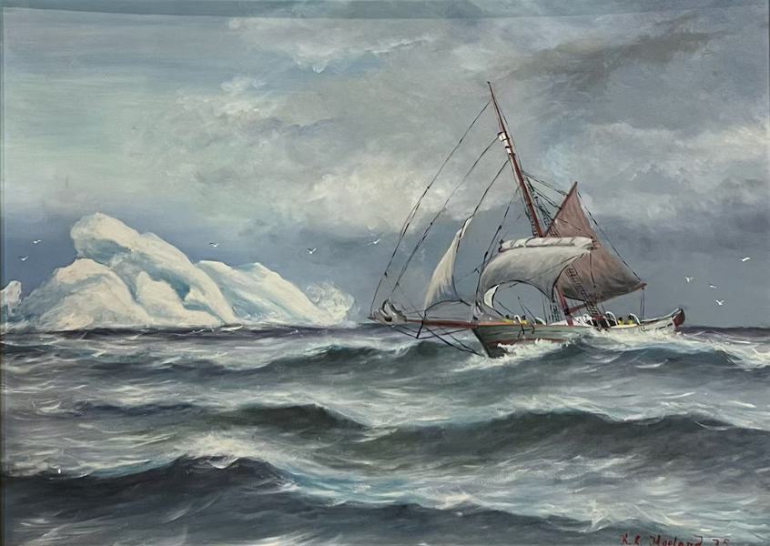 Maritimt maleri med gullramme 