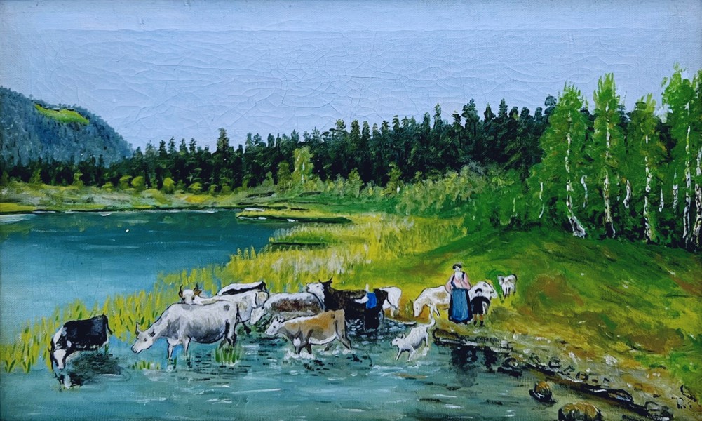 Maleri "Budeie og kyr ved vanningssted" Olje på Lerret 