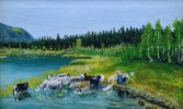 Maleri "Budeie og kyr ved vanningssted" Olje på Lerret 