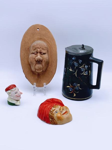 Div julenisser, krus med tinnlokk , ansiktsfigur.