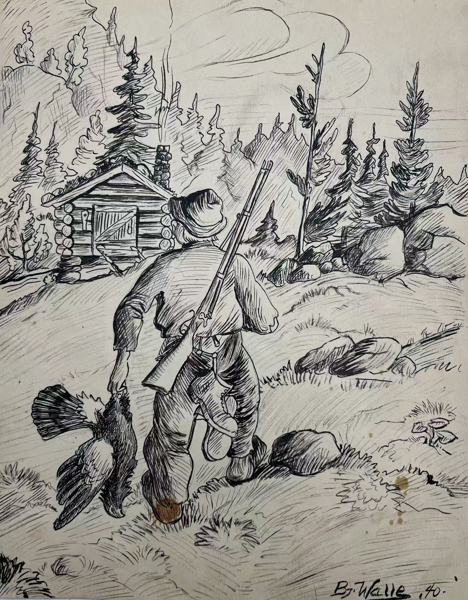 Bjarne Walle (1911-89) Tusj Tegning "Jeger med tiur"