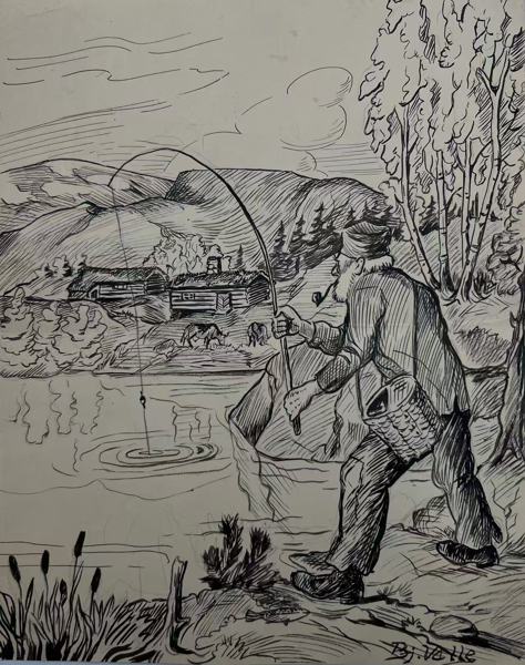 Bjarne Walle (1911-89) Tusj Tegning "Fiske i fjellvann"