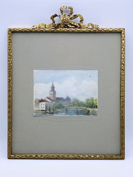"Bylandskap med bru", Akvarell på papir