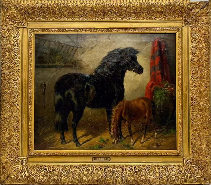 Carl Fredrik Kiörboe (1799-1876) "Stallinnredning med hester"