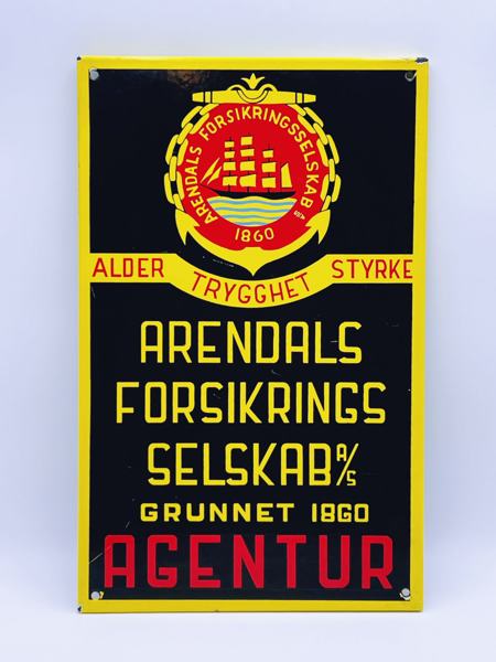 Emaljeskilt "Arendals Forsikrings Selskab"