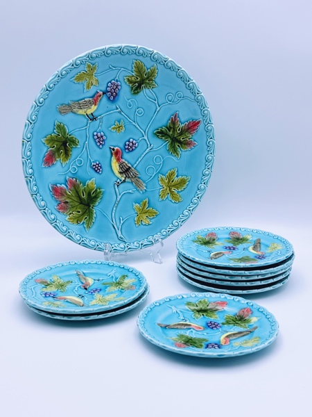 c. 1920t Zell "Birds & Berries" Majolika Fat og 8 skåler