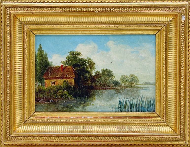 1800t Maleri "Elvelandskap med Gull Hus"  