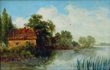 1800t Maleri "Elvelandskap med Gull Hus"  