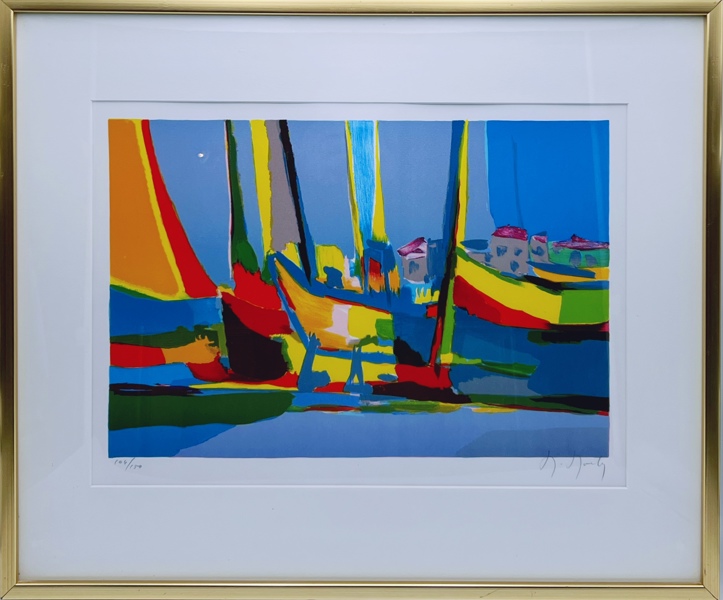 Marcel Mouly(1918-2008) "bateaux dans le port" Litografi