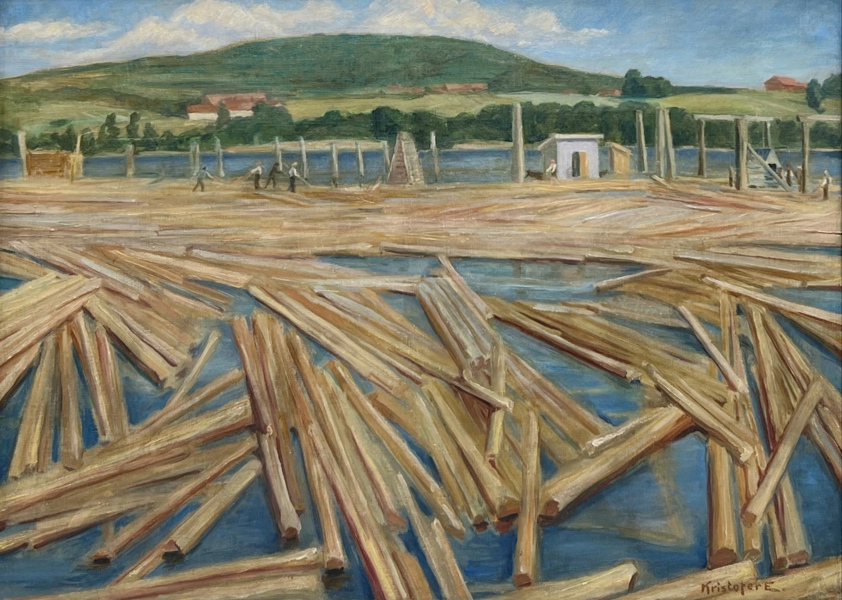 Kristofer Eriksen(1889–1962) "Tømmerfløting". OPL