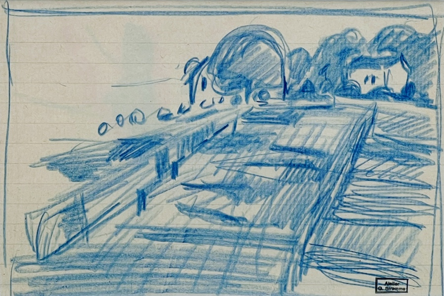 Olav Strømme(1909-1978) "Brua og hus ". Fargeblyant på papir