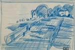 Olav Strømme(1909-1978) "Brua og hus ". Fargeblyant på papir