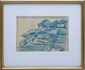 Olav Strømme(1909-1978) "Brua og hus ". Fargeblyant på papir