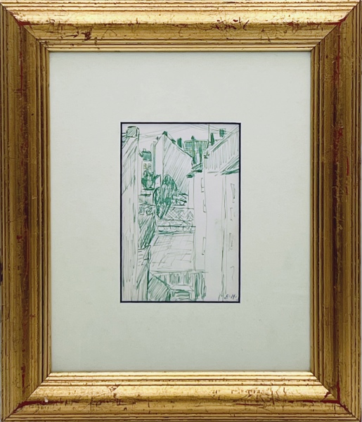 Erik Harry Johannessen(1902-80) "Hus / Bymotiv ". Fargeblekk på papir. 