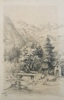 "Fjerne fjell og landsby". Blyant på papir. 