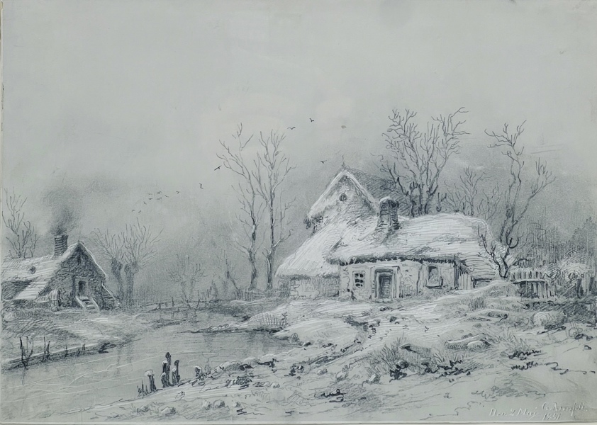 1851 G. Armfelt "Vinter Landskap med Hus" Blyant på papir.
