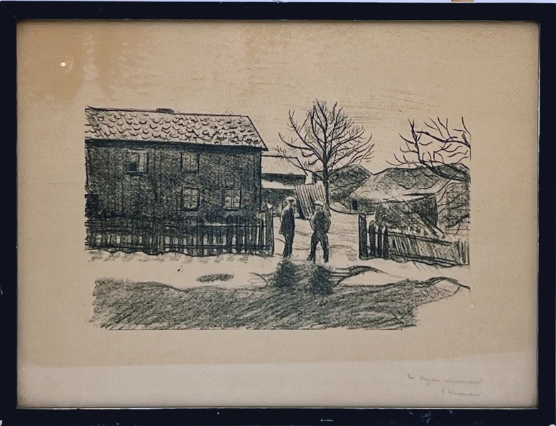 Erik Werenskiold(1855-1938) "Men Prater foran gårdstun" Litografi.