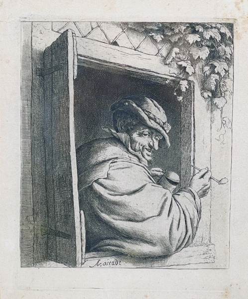 Adriaen van Ostade (1610-1685) "Røykeren ved vinduet". Radering 
