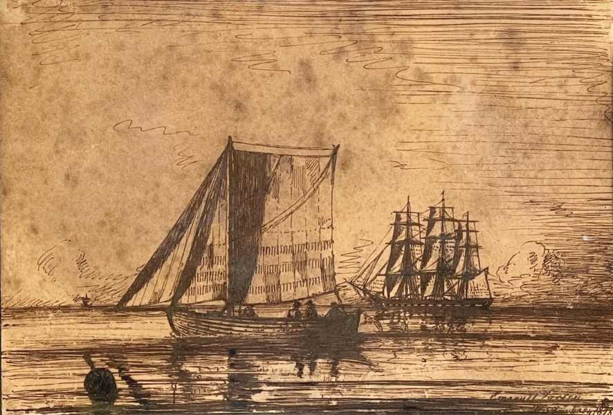 Emanuel Larsen(1823–1859) "Skuter i rolig sjø" 1848, blekk på papir