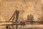 Emanuel Larsen(1823–1859) "Skuter i rolig sjø" 1848, blekk på papir