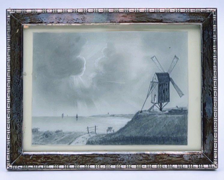 1849 "Kystlandskap med Vindmøller" tegning med sølvramme 