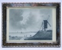 1849 "Kystlandskap med Vindmøller" tegning med sølvramme 