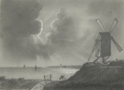 1849 "Kystlandskap med Vindmøller" tegning med sølvramme 