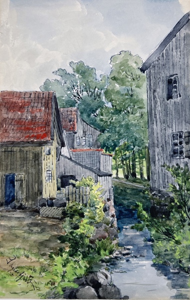 "Husene ved bekken". Akvarell på papir. Signert  