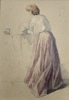 "Kvinnen som stryker". Akvarell på papir. c. 1800-tallet 