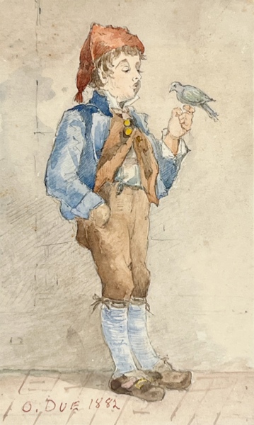 Olga Due(1856 - 1921) "Gutt med fugl" 1882. Akvarell på papir