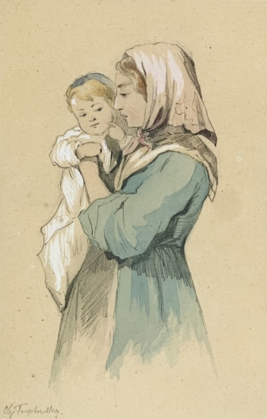 Olga Due(1856 - 1921) "Mor og Barn" Akvarell på papir