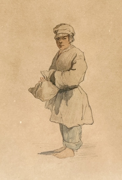 Olga Due(1856 - 1921) "Stakkars Gutt Uten Sko". Akvarell på papir