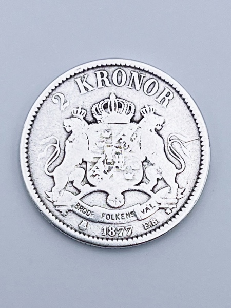2 Kroner 1877 Oscar II Sølvmynt  