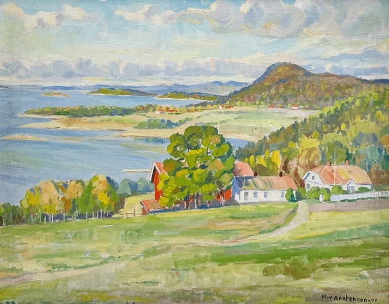 1942 Karl Vilhelm Anstensen "Kystlandskap med Gårdstun" , Olje på Lerret