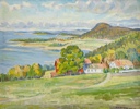 1942 Karl Vilhelm Anstensen "Kystlandskap med Gårdstun" , Olje på Lerret
