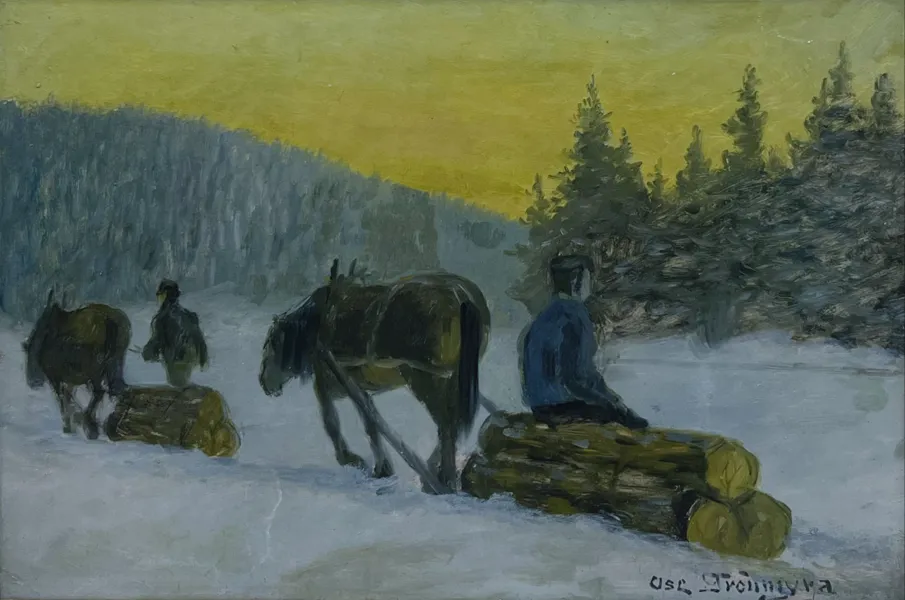 Oscar Grønmyra "Tømmerkjøring i snøen". OPP