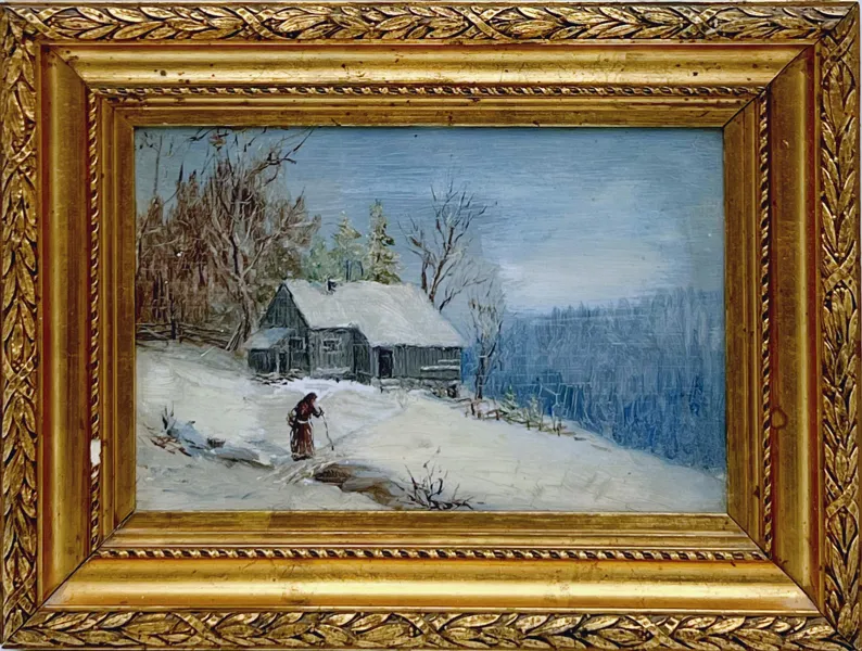 1800t "Eldre budeier i snø mot stuehus". OPP
